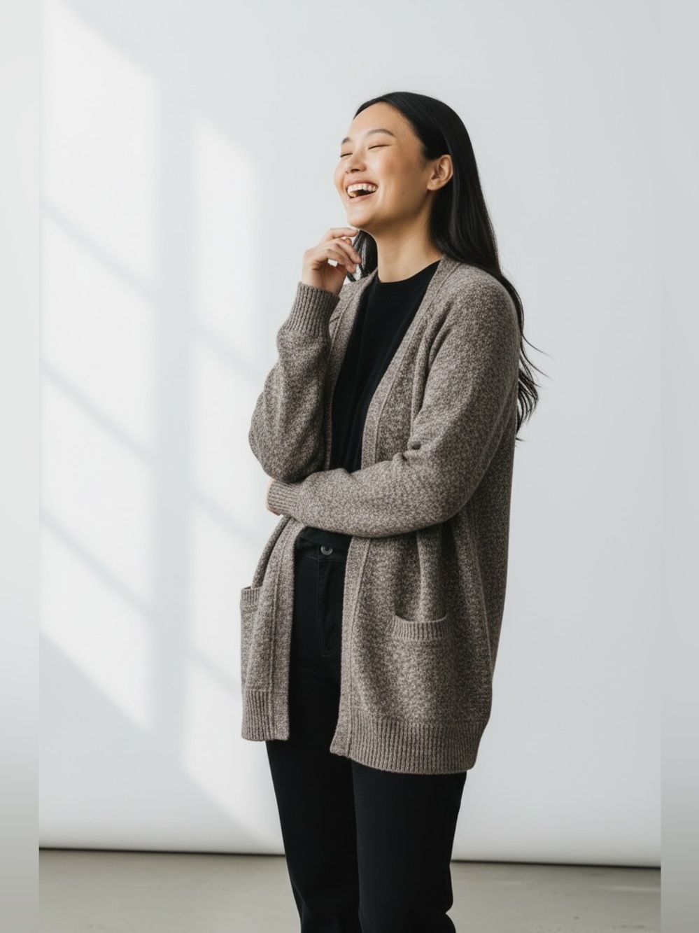 Lucky Brand Nubby Oversized Marled Brown Open-Front Parch Pocket Cardigan SzM